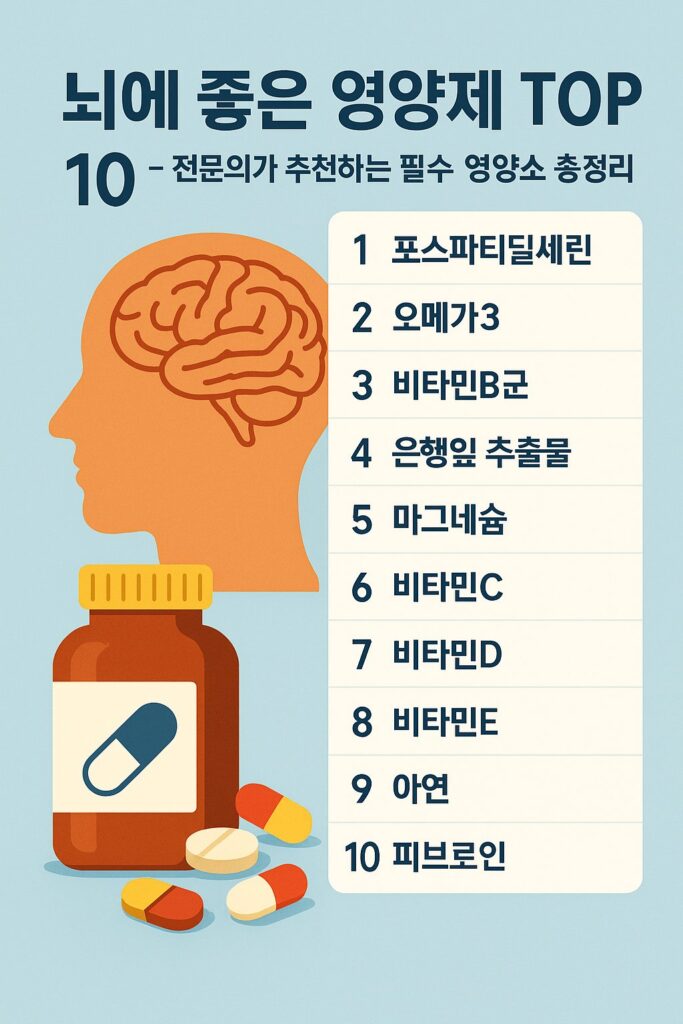 뇌 건강을 위한 영양제 TOP 10 인포그래픽 - 포스파티딜세린, 오메가3, 비타민B군 등 전문의 추천 성분 포함