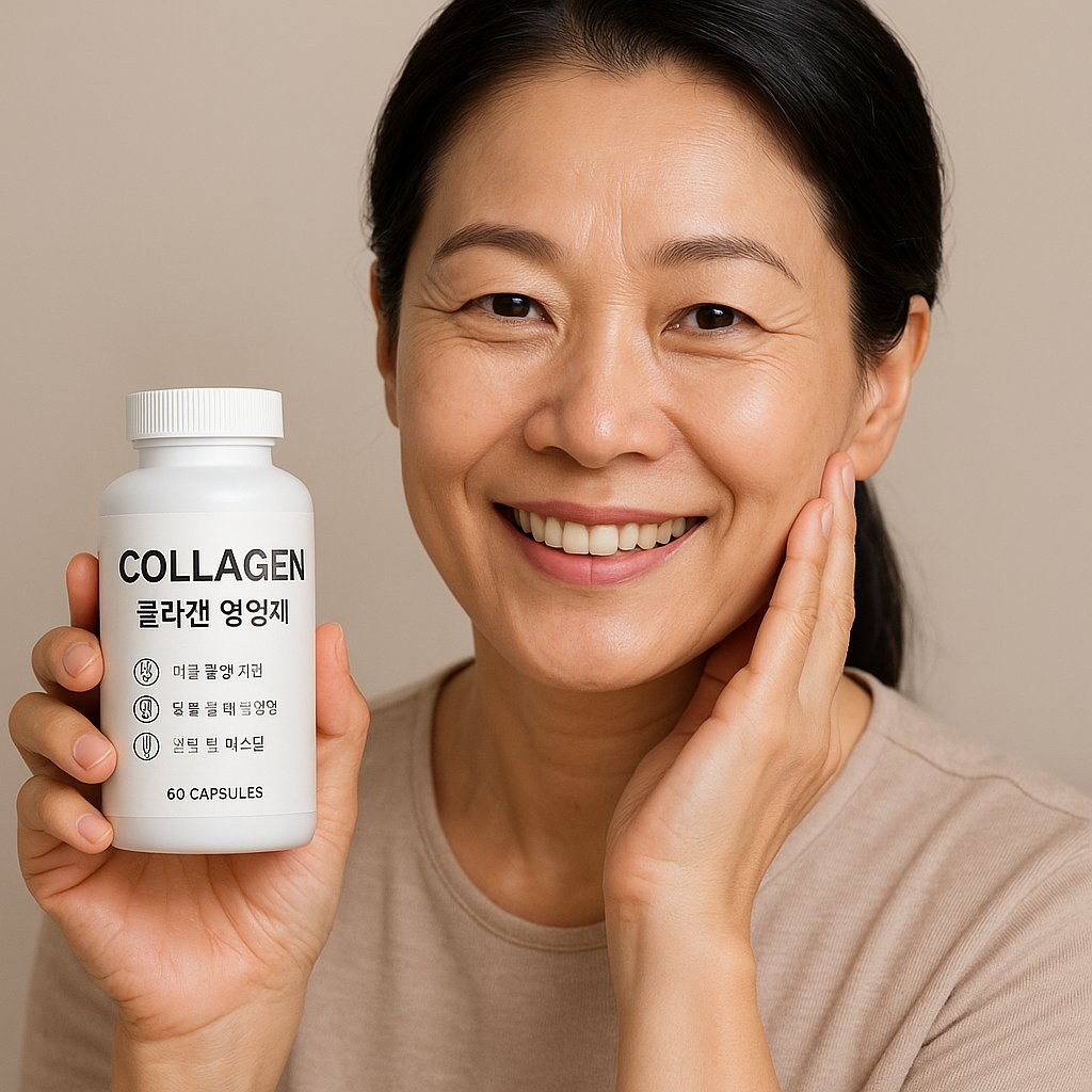 콜라겐 영양제를 손에 들고 피부를 만지며 미소 짓는 한국인 중년 여성