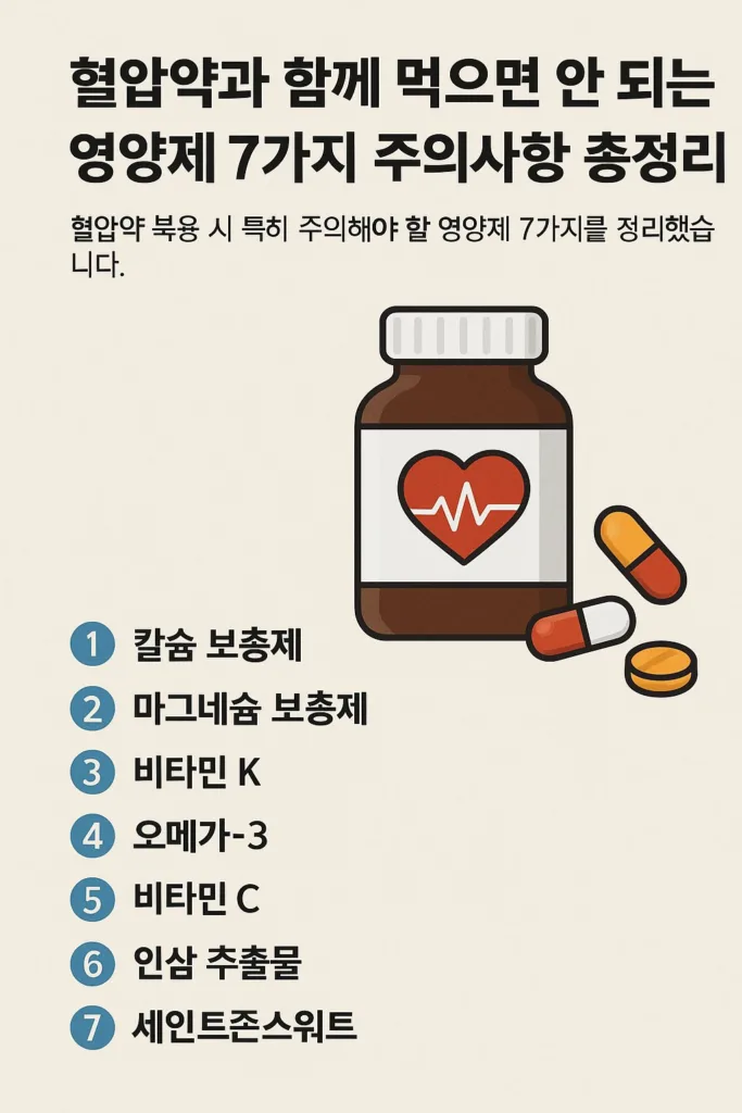 혈압약 복용 시 피해야 할 7가지 영양제 목록과 약통 일러스트가 포함된 인포그래픽