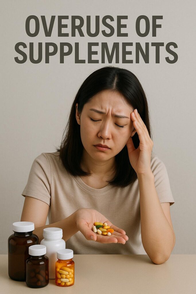 영양제를 한 움큼 쥐고 머리를 짚으며 고통스러운 표정을 짓는 한국인 여성