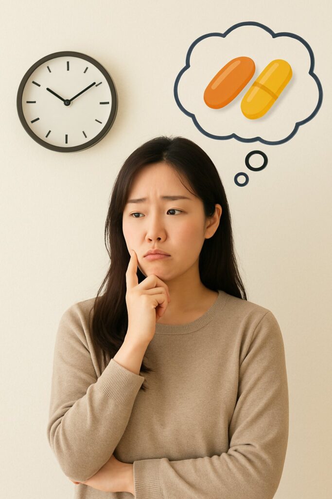 시계를 보며 영양제 복용 시간을 고민하는 한국인 젊은 여성의 모습