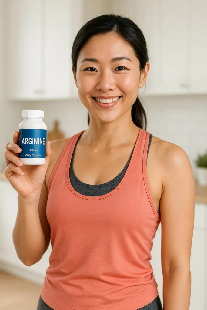 밝은 주방에서 아르기닌 영양제를 들고 자신 있게 웃고 있는 30대 한국 여성