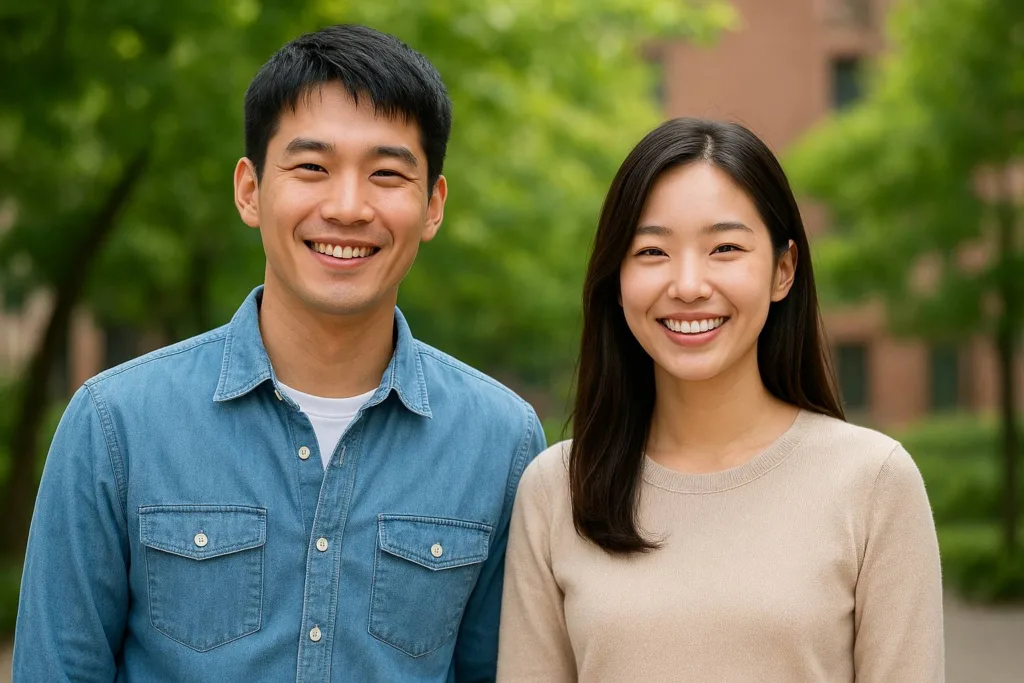 스트레스 없이 행복하게 미소 짓는 한국인 남녀의 모습