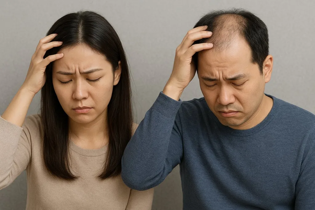 스트레스성 탈모로 고민하며 머리를 감싸 쥐고 있는 한국인 남녀의 모습