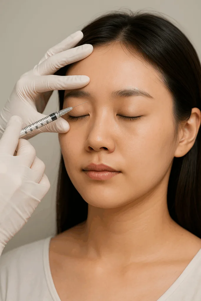 의료 전문인이 이마 주름 개선을 위해 보톡스 주사를 시술받고 있는 한국 여성의 모습