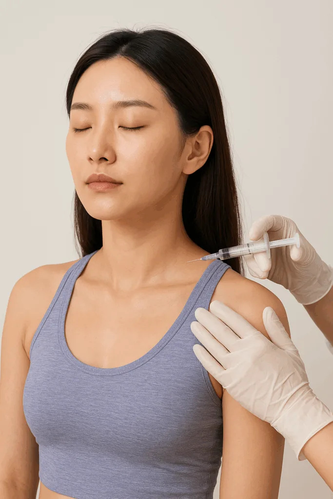 요가복을 입은 한국 여성이 승모근 부위에 보톡스 주사를 맞으며 긴장을 완화하는 장면