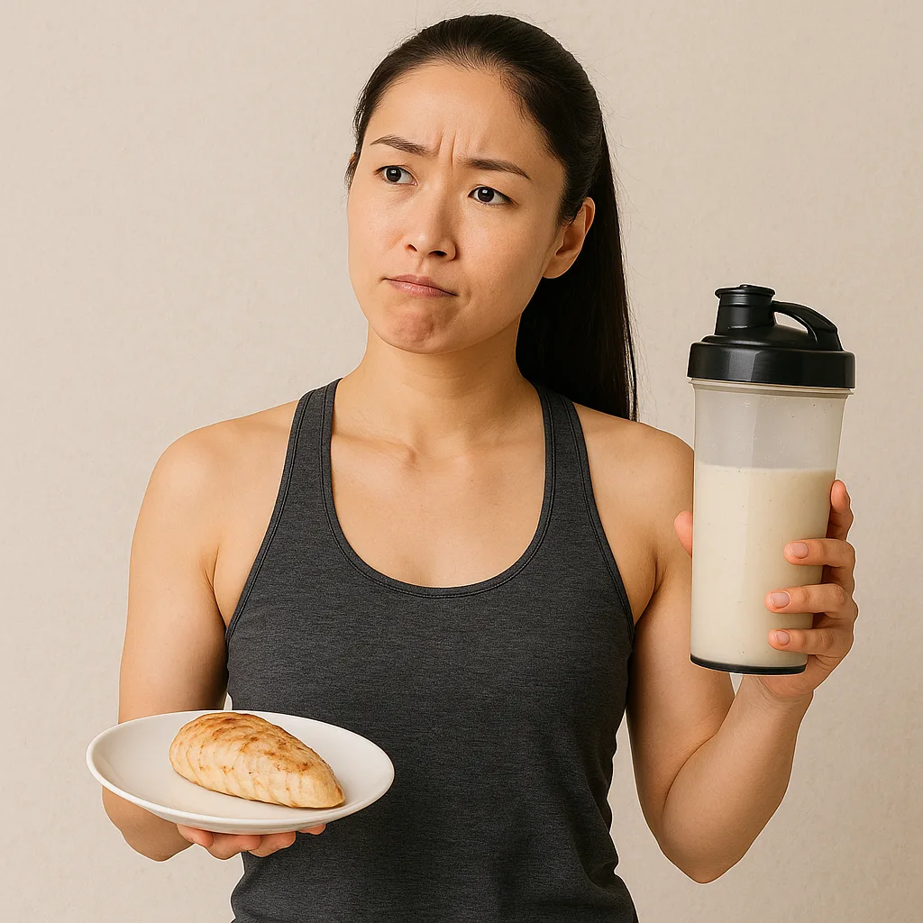 운동복을 입은 건강한 한국 여성이 한 손에 닭가슴살, 다른 손에 단백질 쉐이크를 들고 고민하는 모습. 운동 후 단백질 섭취 선택을 상징하는 피트니스 이미지.