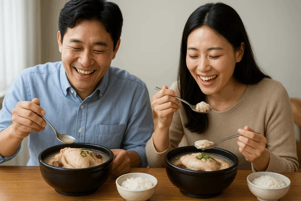 삼계탕을 맛있게 먹으며 웃고 있는 대한민국 성인 남녀의 모습, 건강하고 따뜻한 분위기의 한식 식탁