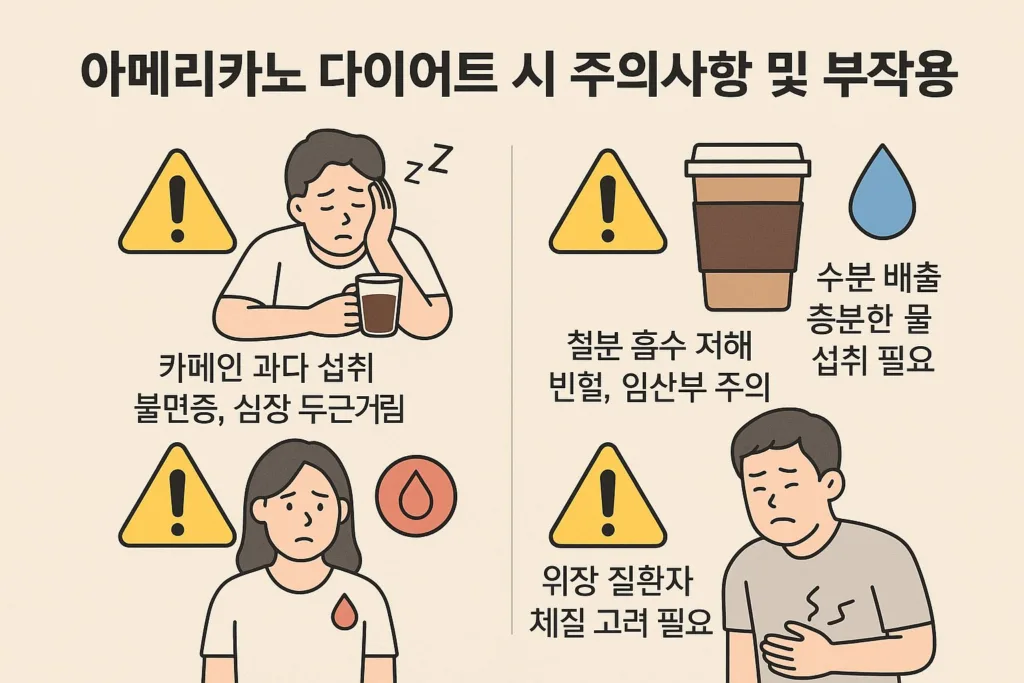 아메리카노 다이어트 시 주의사항과 부작용을 설명하는 인포그래픽, 카페인 과다 섭취·수분 배출·철분 흡수 저해·위장 질환 주의
