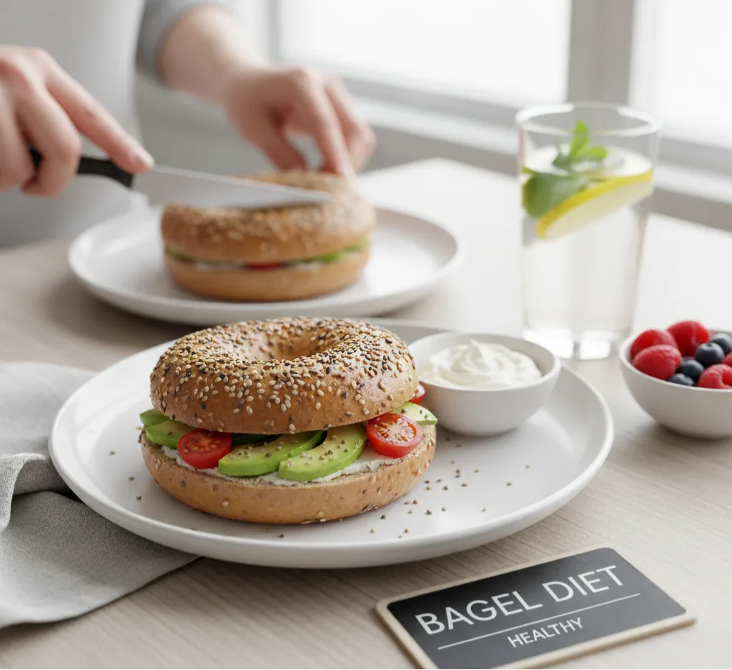 건강한 베이글 샌드위치와 과일, 물이 있는 식탁. 베이글 다이어트 문구가 적힌 팻말.