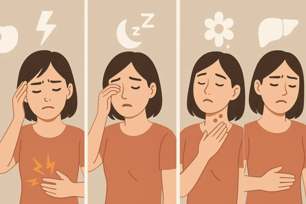 소화불량, 두통, 불면, 알레르기 반응, 간기능 저하 등 다이어트 한약 부작용을 표현한 한국인 여성 일러스트