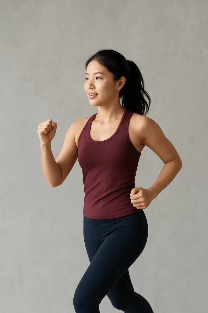 운동별 칼로리 소모를 상징하는 한국 여성의 조깅 장면, 건강하고 활기찬 라이프스타일 표현