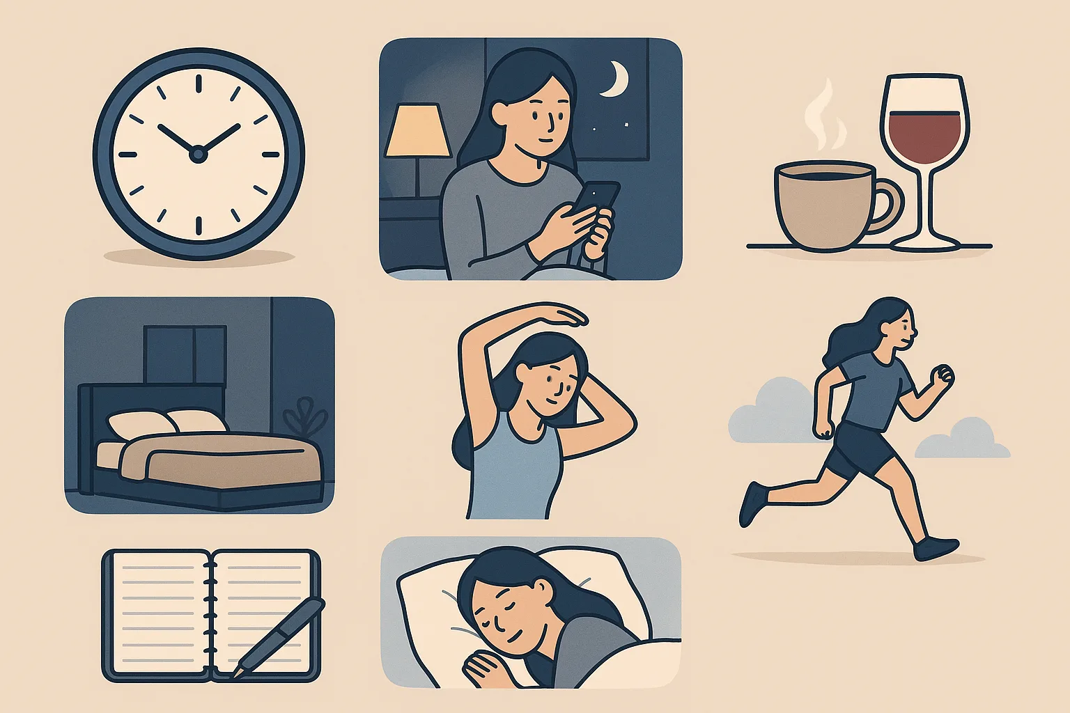 수면 습관 개선을 위한 7가지 실천법을 보여주는 일러스트 — 규칙적인 수면, 스마트폰 사용 제한, 카페인 조절, 쾌적한 침실, 스트레칭, 운동, 수면일지 작성 장면
