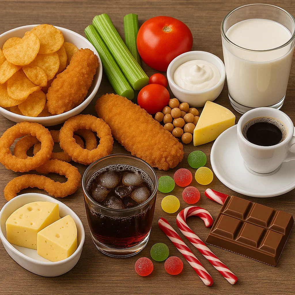 감자튀김, 치킨, 치즈, 생야채, 통콩, 사탕, 초콜릿, 커피, 탄산음료, 우유 등이 함께 놓인 식탁 — 고지방, 고당분, 고섬유질, 카페인, 유제품 음식을 한눈에 보여주는 사진
