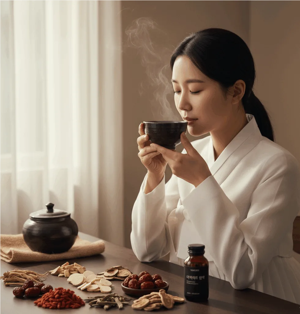 한복을 입고 따뜻한 다이어트 한약을 마시는 한국 여성