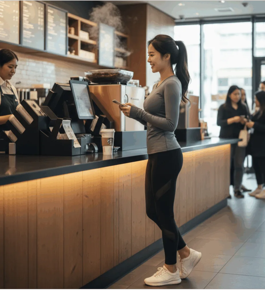 스타벅스에서 운동복을 입고 스마트폰으로 커피를 주문하는 밝은 표정의 한국 여성