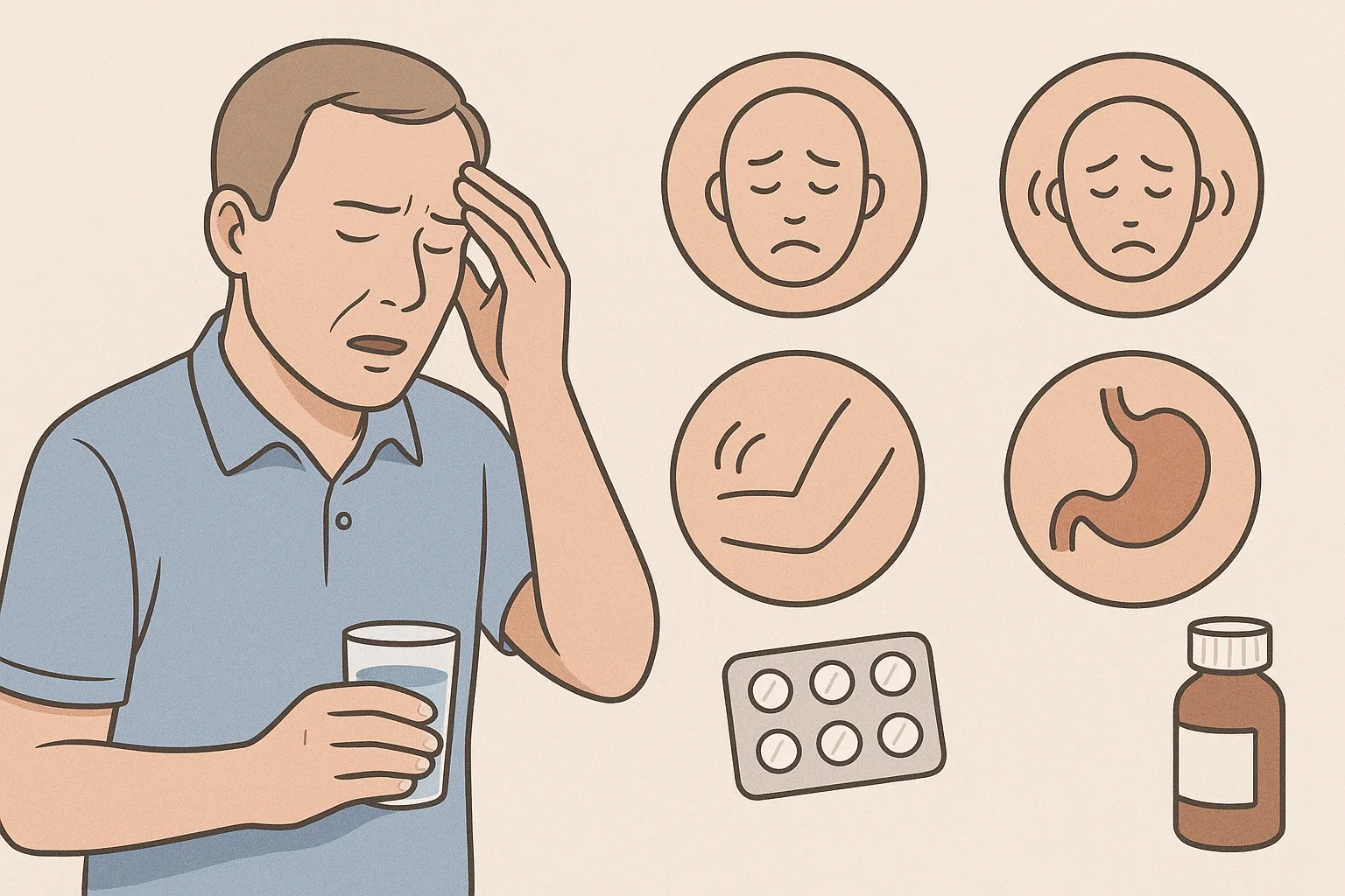 근육이완제 부작용으로 어지럼증과 소화 장애를 느끼는 남성의 일러스트