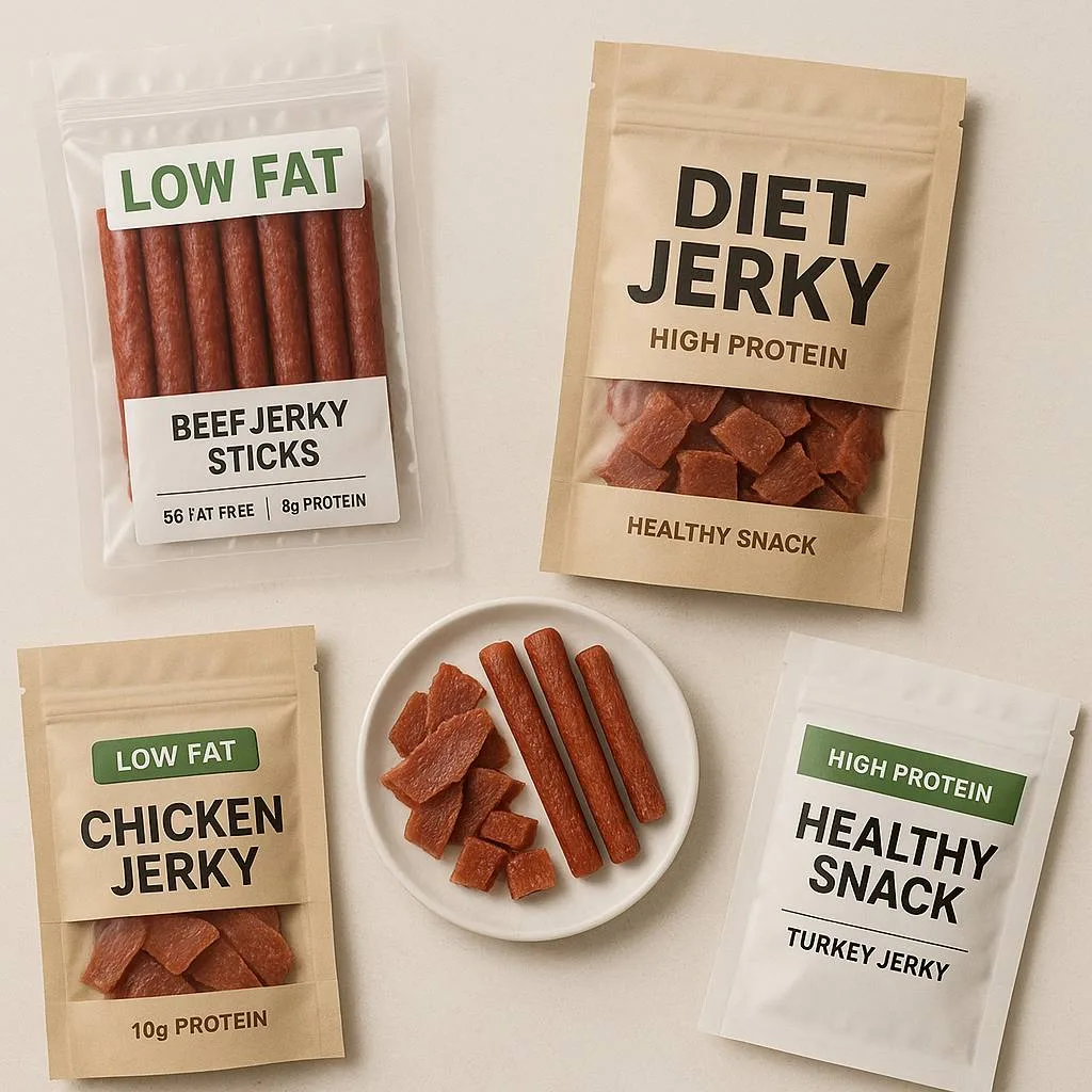 다양한 패키지에 담긴 다이어트용 소고기, 닭고기, 칠면조 육포 제품 모음