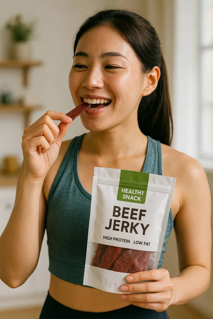 다이어트를 위해 주방에서 건강한 고단백 육포를 맛있게 먹는 젊은 한국 여성