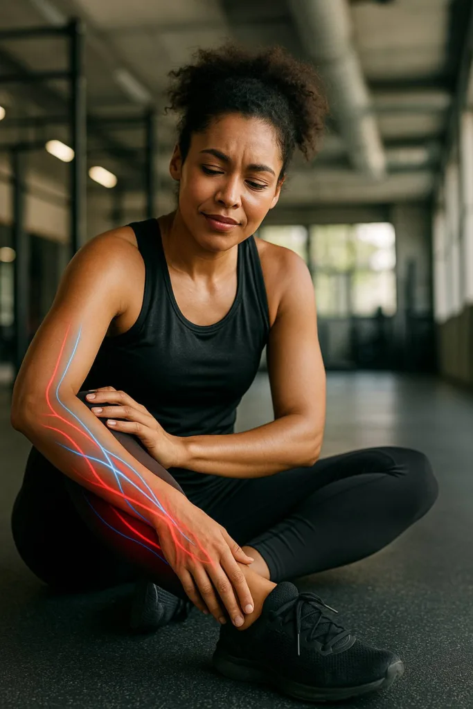 운동 후 젊은 여성이 다리 근육을 스트레칭하며 혈류 흐름을 시각화한 그래픽 오버레이 이미지