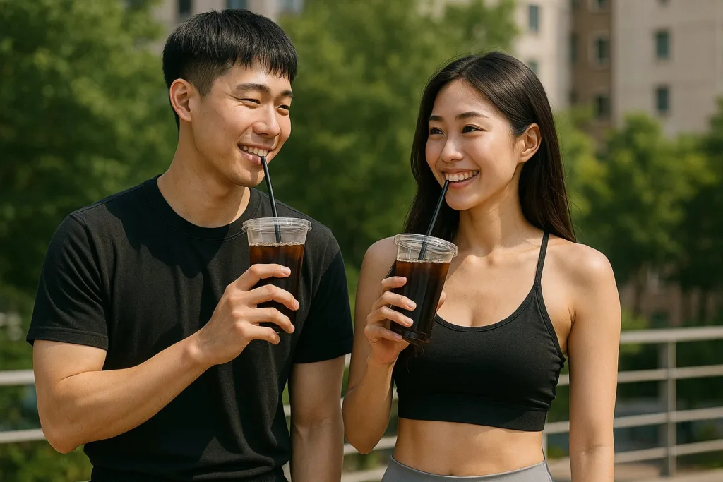 아메리카노를 들고 미소 짓는 한국의 젊은 남녀, 야외에서 함께 다이어트와 건강을 즐기는 모습