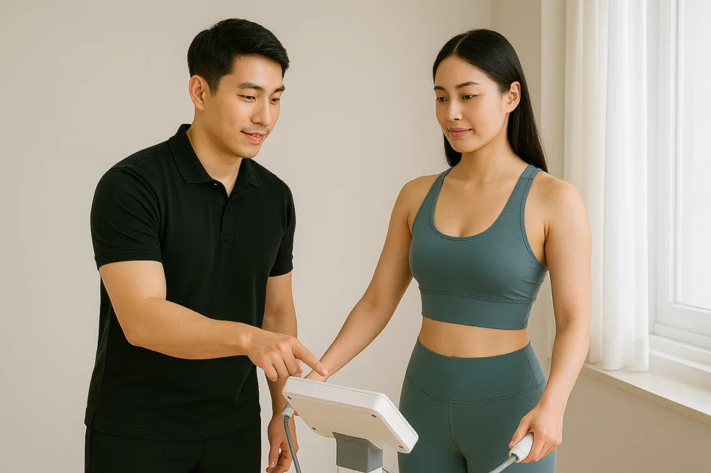 헬스장에서 한국 여성 회원이 인바디 체성분 측정을 받고, 남성 트레이너가 결과를 설명하는 모습