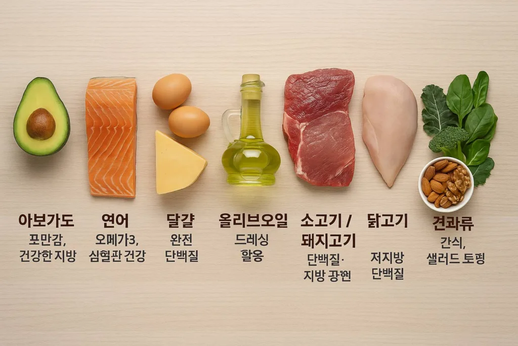 아보카도, 연어, 달걀, 치즈, 올리브오일, 소고기·돼지고기, 닭고기, 견과류, 잎채소 등 키토제닉 다이어트 핵심 식재료 모음