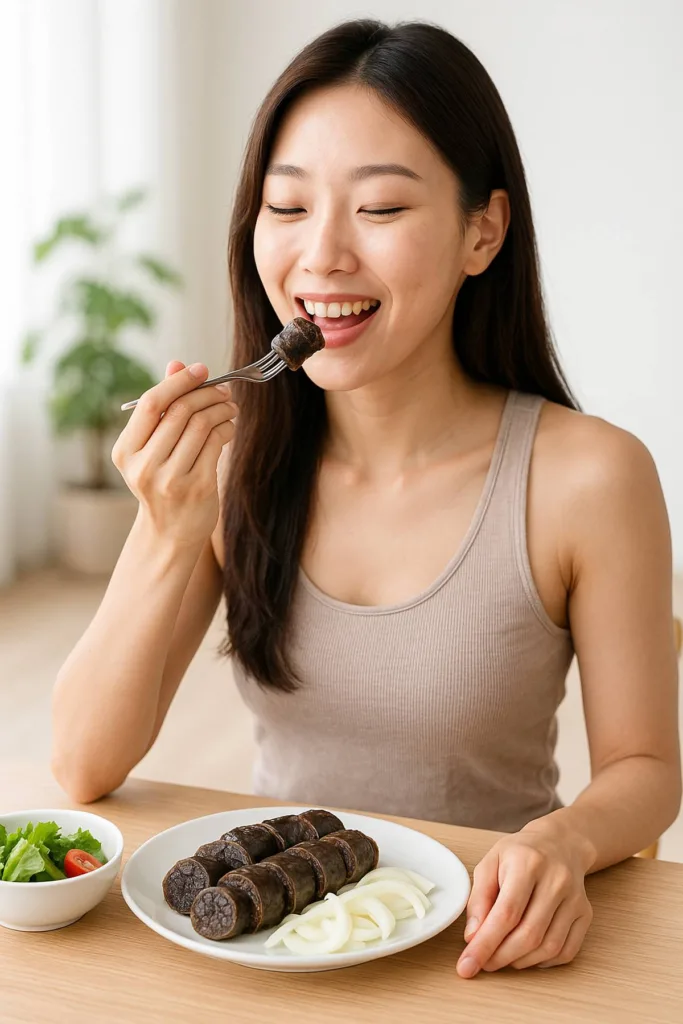 날씬한 한국 여성이 밝은 실내에서 순대를 맛있게 먹으며 미소 짓는 모습