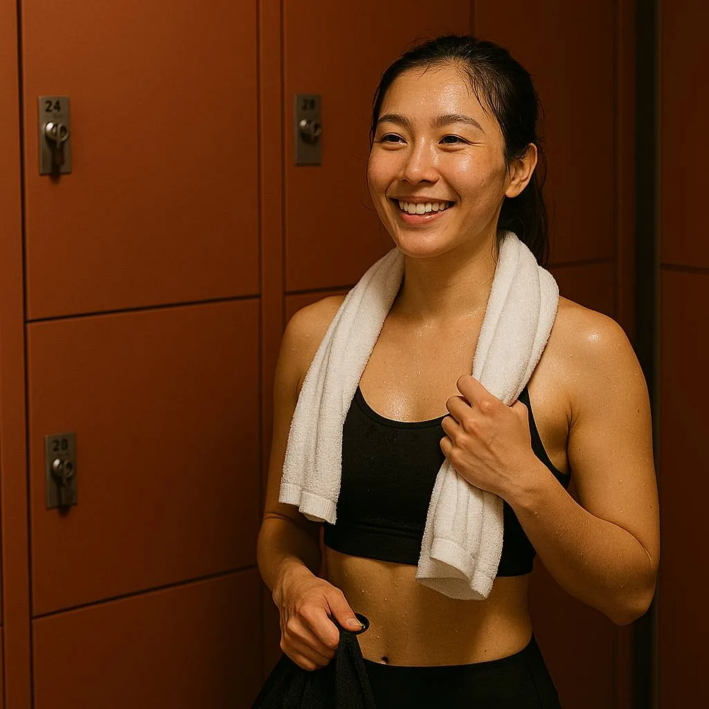 피트니스 센터 락커룸에서 운동 후 땀 흘리며 미소 짓는 대한민국 성인 여성