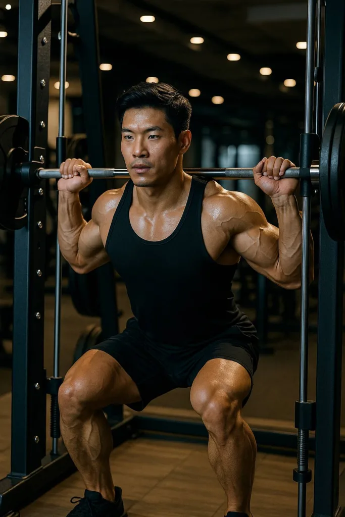 피트니스 센터에서 스미스머신으로 스쿼트를 하는 근육질의 한국 보디빌더 남성
