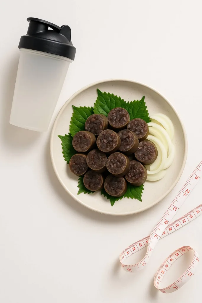 접시 위에 깔끔하게 담긴 한국 순대와 깻잎, 양파 슬라이스 옆에 단백질 셰이크 병과 줄자 소품이 놓인 건강식 다이어트 컨셉 사진