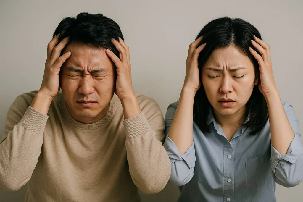 스트레스 받으며 머리를 감싸쥐고 있는 대한민국 성인 남녀의 모습