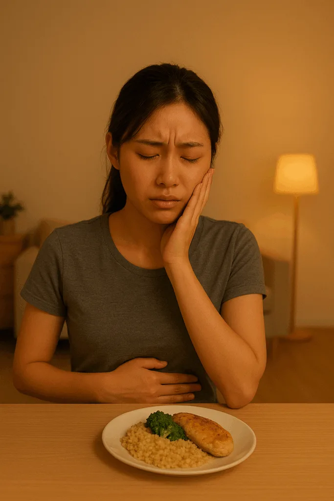 운동 후 저녁식사를 거르고 배고파하는 표정을 짓는 한국 여성. 운동 후 식사 타이밍의 중요성을 보여주는 장면.