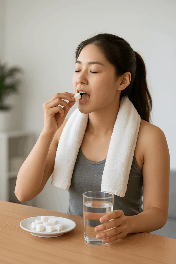 운동 후 피로한 표정의 한국 여성이 과일과 스무디를 섭취하며 당을 보충하는 모습. 운동 후 에너지 회복의 중요성을 보여주는 장면.