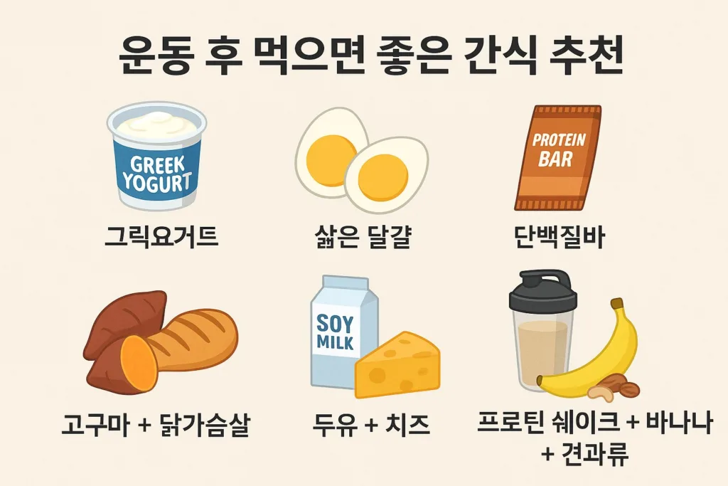 운동 후 먹으면 좋은 간식 추천 인포그래픽, 그릭요거트·삶은 달걀·단백질바·고구마와 닭가슴살·두유와 치즈·프로틴 쉐이크와 바나나·견과류