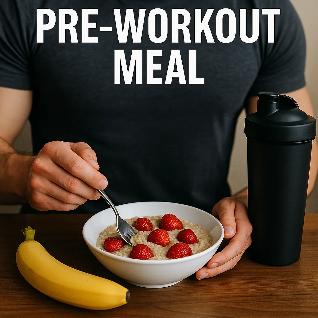 운동 전 식사로 오트밀과 딸기, 바나나, 단백질 쉐이크를 준비하는 남성 — 건강한 운동 전 식단과 적절한 타이밍을 표현한 사진
