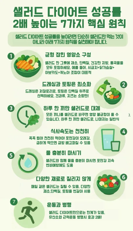 샐러드 다이어트 성공률을 2배 높이는 7가지 핵심 원칙을 설명하는 한국어 인포그래픽 — 균형 잡힌 영양소, 드레싱 최소화, 하루 한 끼, 천천히 먹기, 물 마시기, 다양한 재료, 운동 병행 항목이 아이콘과 함께 구성된 이미지