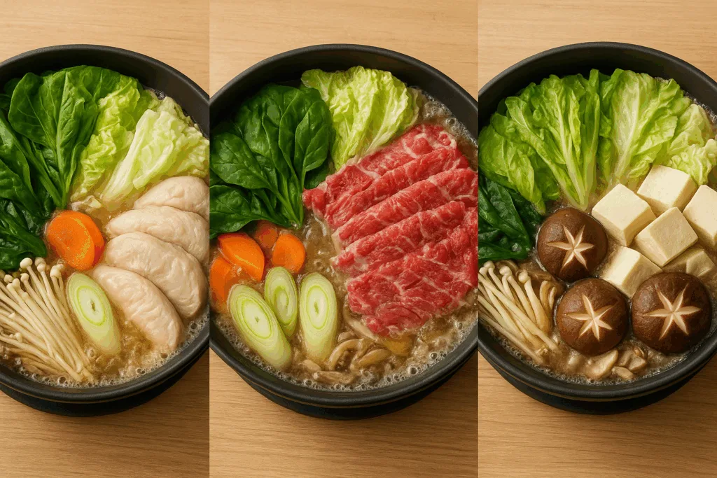 닭가슴살&채소 샤브샤브, 소고기 차돌양지 샤브샤브, 두부&버섯 채식 샤브샤브가 한 장에 담긴 건강식 이미지. 고단백 저칼로리 식단으로 다이어트에 좋은 샤브샤브 3종.