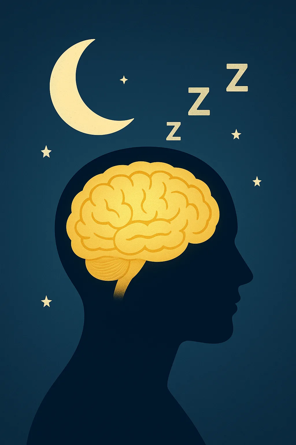 수면 중 뇌가 재충전되는 과정을 상징적으로 표현한 일러스트. 어두운 배경 속에서 빛나는 뇌와 달, 별, Z 표시가 조화를 이루며 수면의 중요성을 시각화한 이미지.