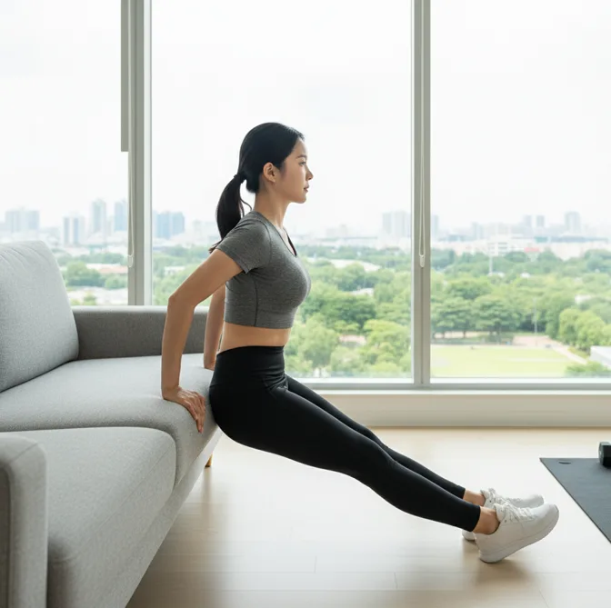 홈트레이닝으로 거실 소파를 이용해 벤치 딥스 운동을 하는 한국 여성