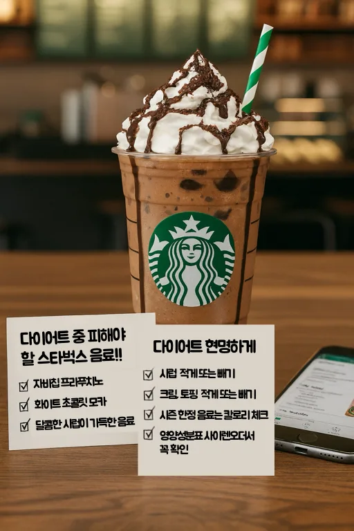 초콜릿 프라푸치노 위에 휘핑크림이 올려진 스타벅스 음료와 다이어트 시 피해야 할 음료 선택 주의사항 안내 이미지