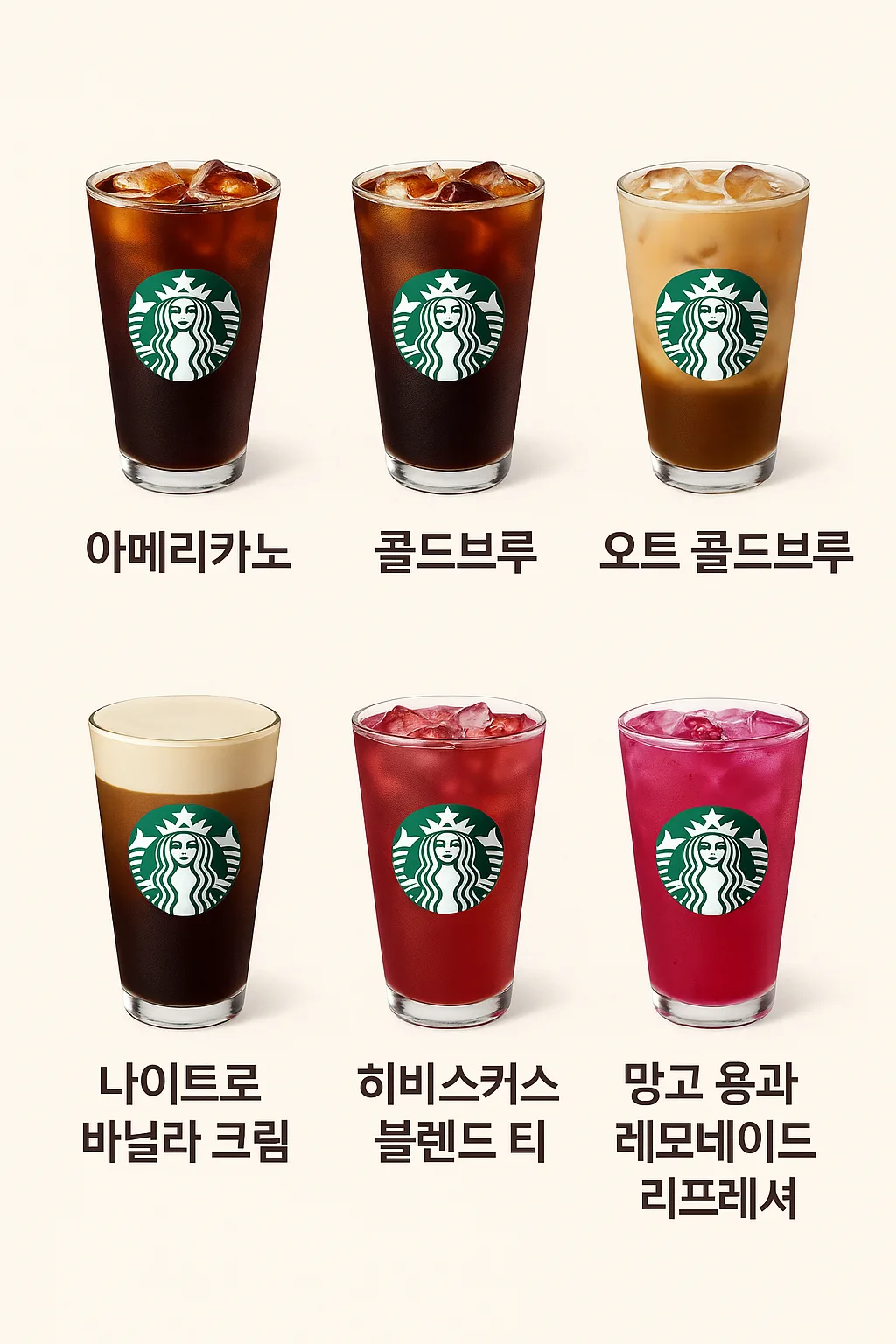 아메리카노, 콜드브루, 오트 콜드브루, 나이트로 바닐라 크림, 히비스커스 블렌드 티, 망고 용과 레모네이드 리프레셔 등 스타벅스 저칼로리 다이어트 음료 6종 이미지