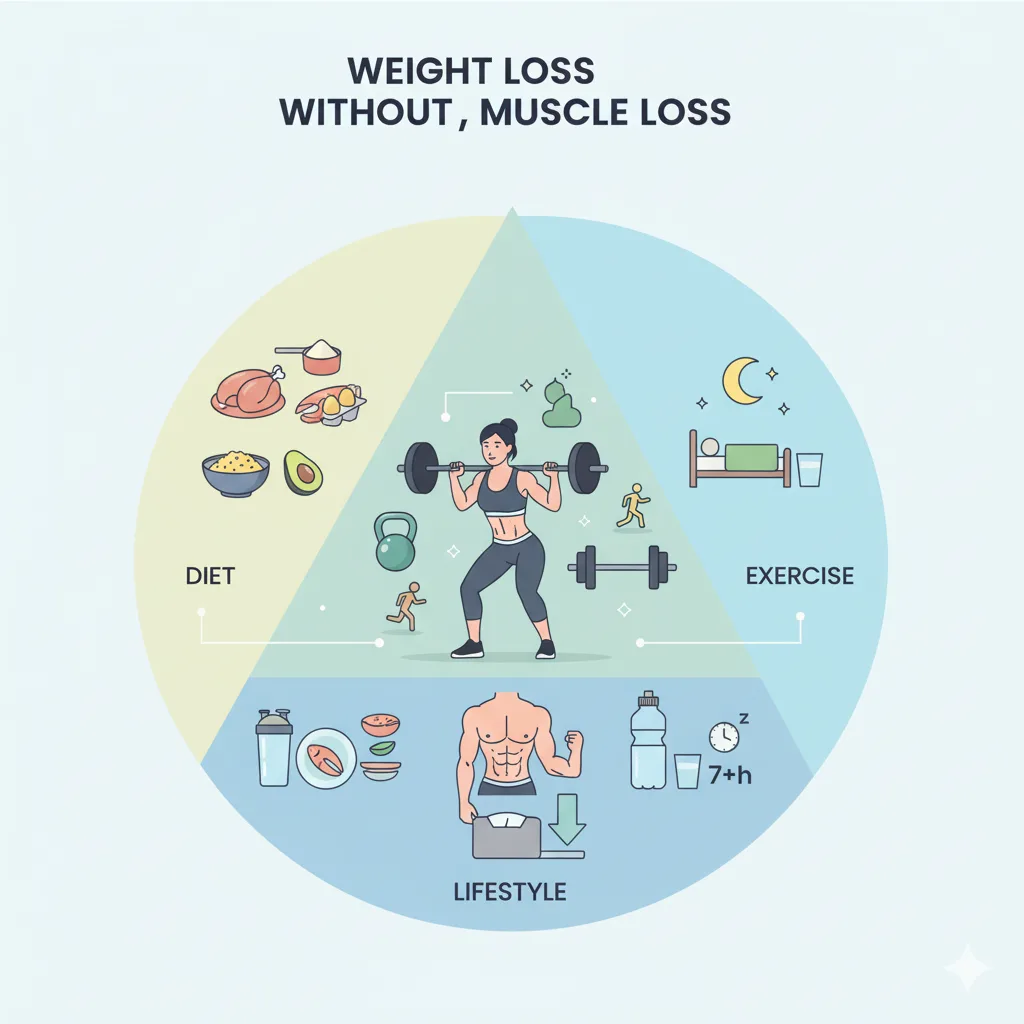 다이어트 중 근손실 예방 3가지 핵심 요소 인포그래픽: 고단백 식단, 근력 운동, 충분한 수분과 수면.