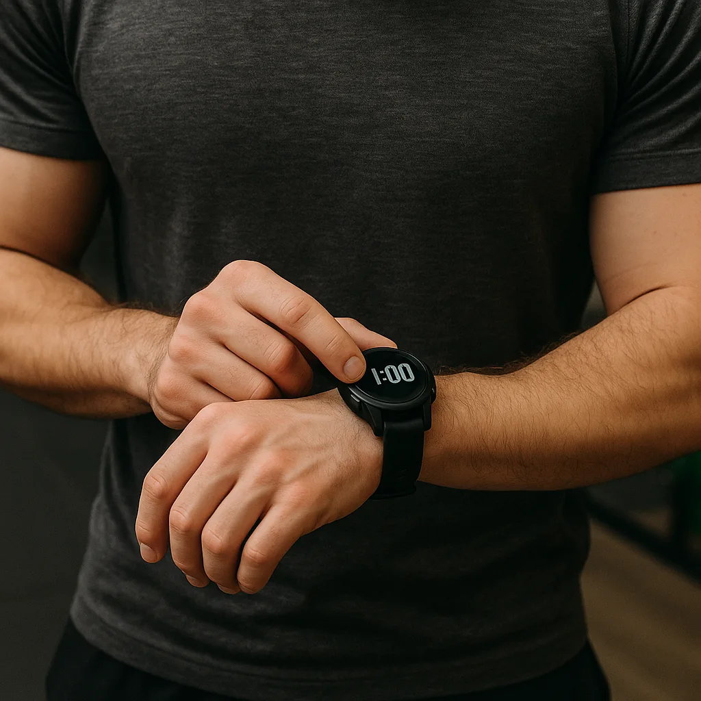 운동복을 입은 남성이 스마트워치를 확인하며 운동 시작 1시간 전을 준비하는 모습 — 피트니스와 운동 타이밍을 상징하는 사진