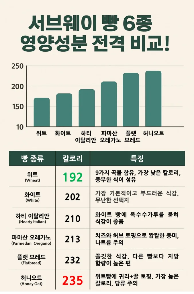 서브웨이 15cm 빵 6종의 칼로리와 특징을 비교한 영양 성분 인포그래픽