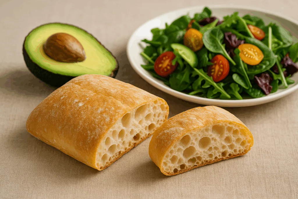 치아바타 빵과 아보카도, 채소 샐러드를 함께 배치한 다이어트용 대표 이미지