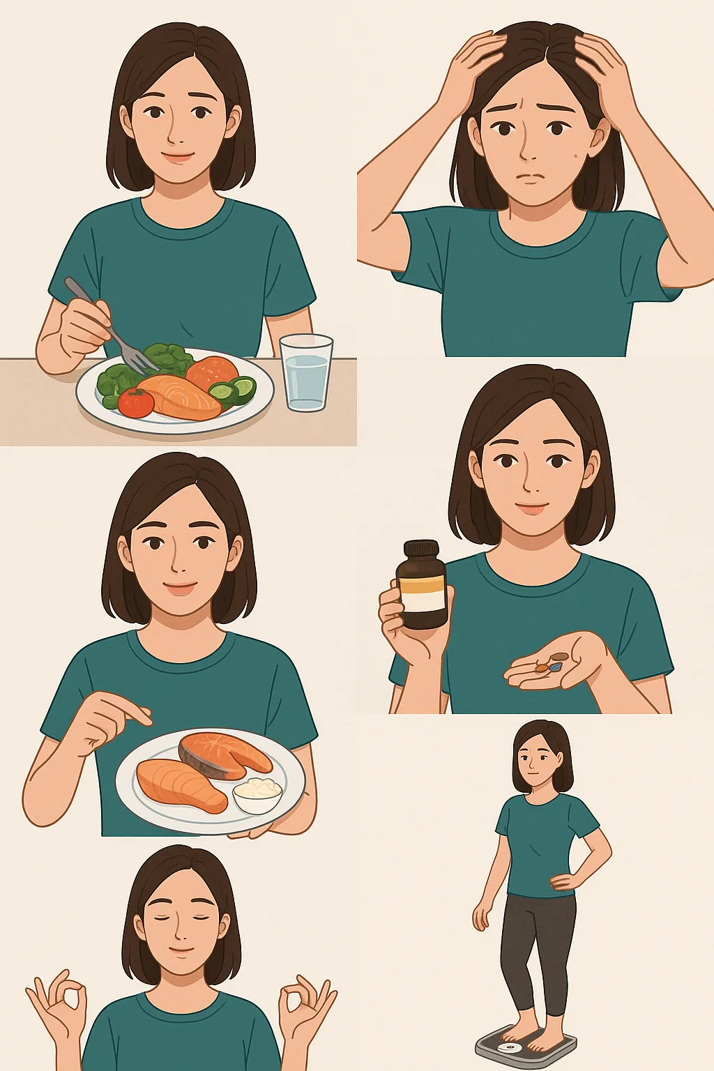 한국인 여성이 다이어트 탈모를 예방하기 위한 5가지 방법을 실천하는 모습을 그린 일러스트 이미지.