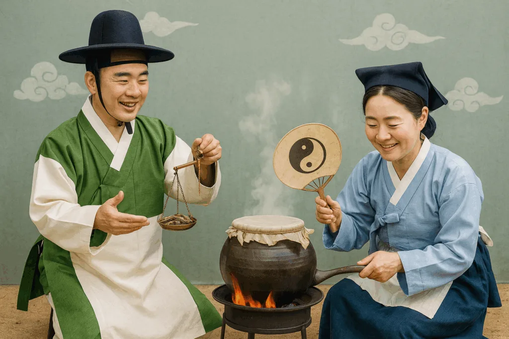 한국 전통 복장을 입은 의녀와 약재사가 한약을 다리는 모습. 다이어트 한약의 안전성과 부작용 안내를 위한 대표 이미지.