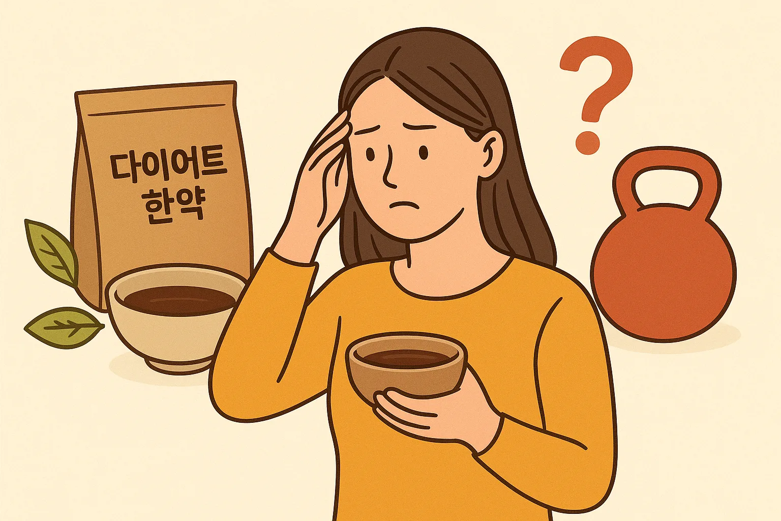 다이어트 한약 봉투와 탕약 그릇 옆에서 걱정스러운 표정으로 머리를 짚고 있는 여성의 이미지