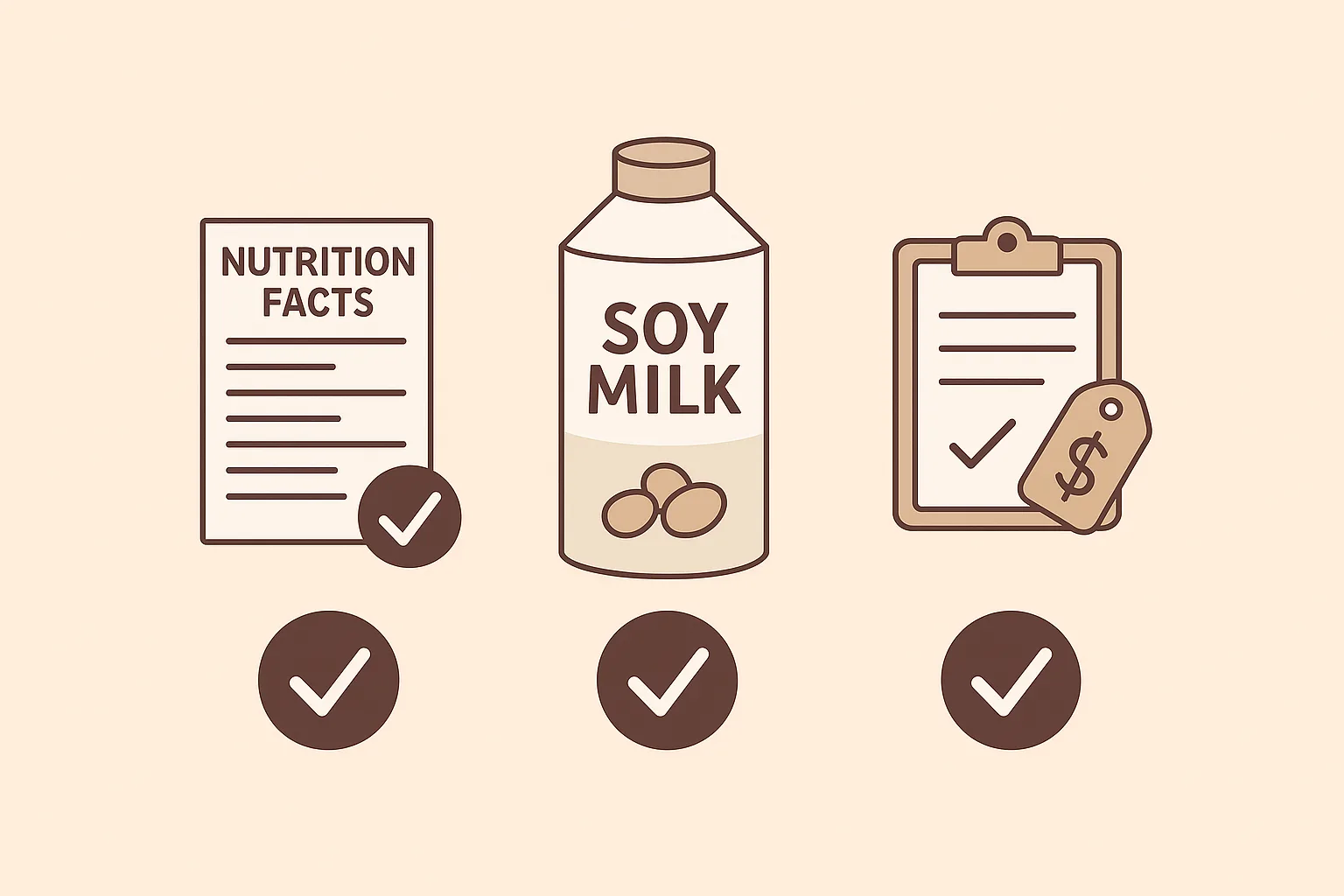 다이어트 두유 구매 체크리스트 인포그래픽 - 영양성분, 원재료, 가격 비교 아이콘